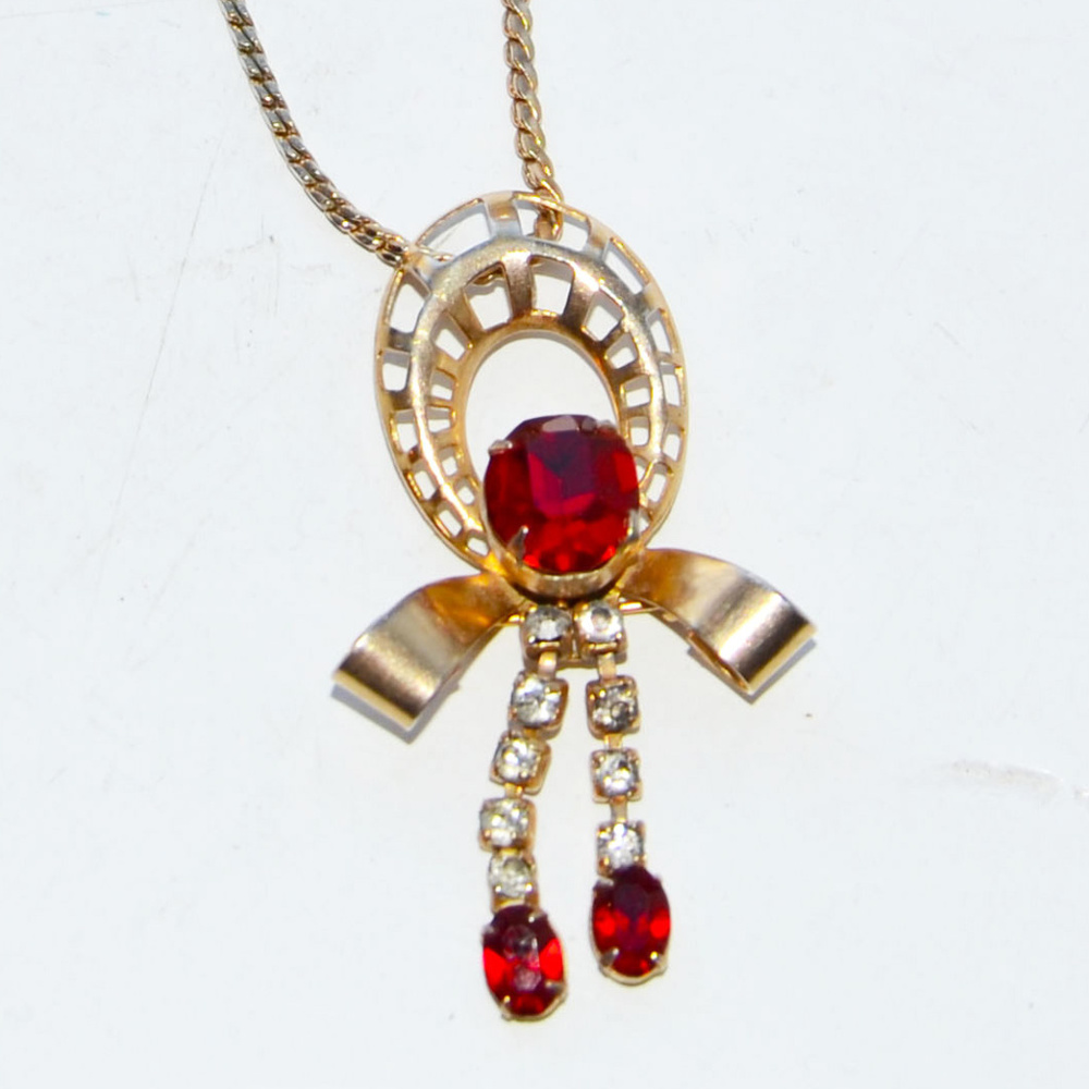 vintage gold tone red rhinestone necklace